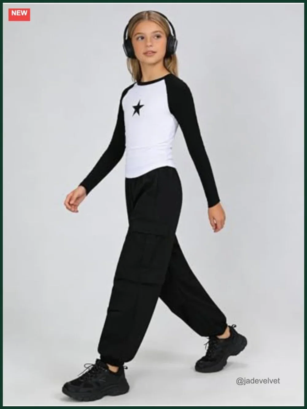 Girls Star Print Top & Cargo Pants Set Long Sleeve Tween Outfit